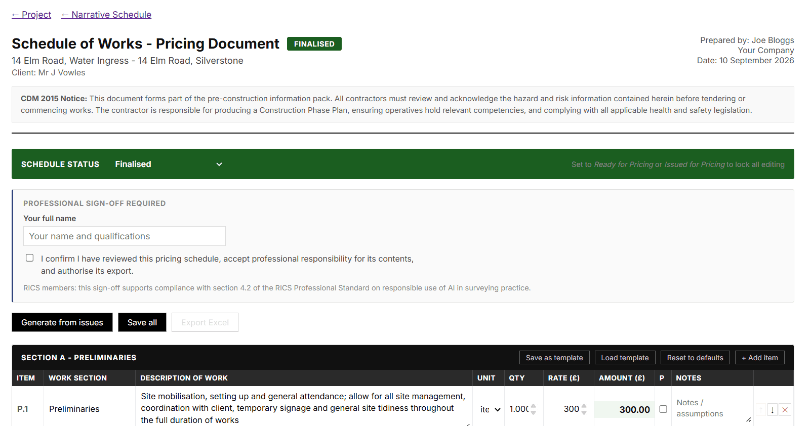 BuildStack pricing editor showing a Schedule of Works with priced line items